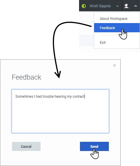 A pair of screenshots demonstrating how to select the Feedback option from the Main menu to open the Feedback dialog box.