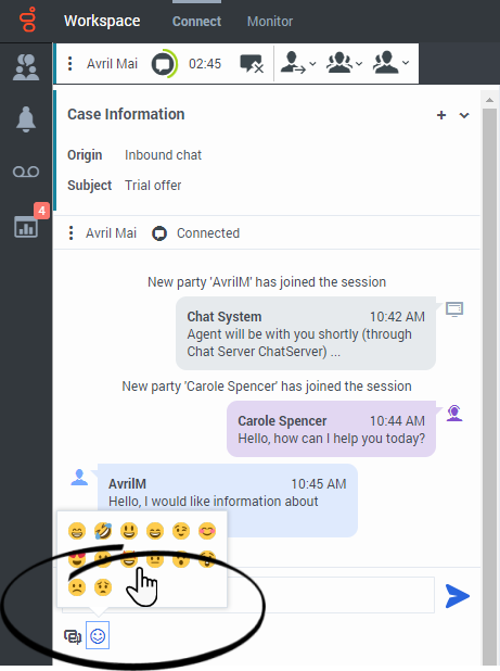 Chat interaction view with the Emoji picker displayed.