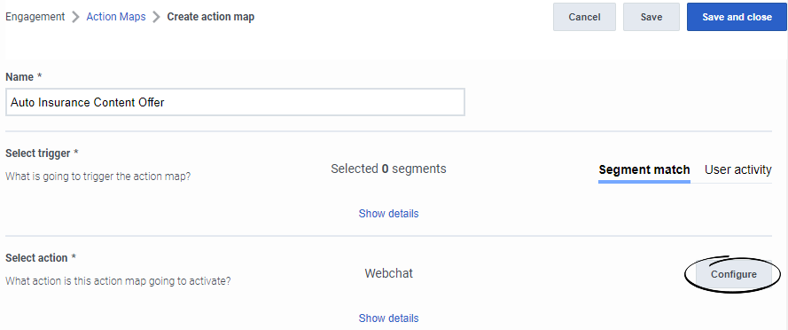 Configure an action map to use a content offer.
