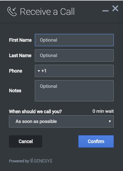 The Callback main screen in Dark Mode where you submit all relevant information in order to receive a call
