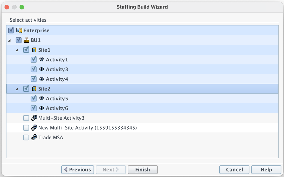 Step 2 of the Build Staffing Wizard. Select activities.