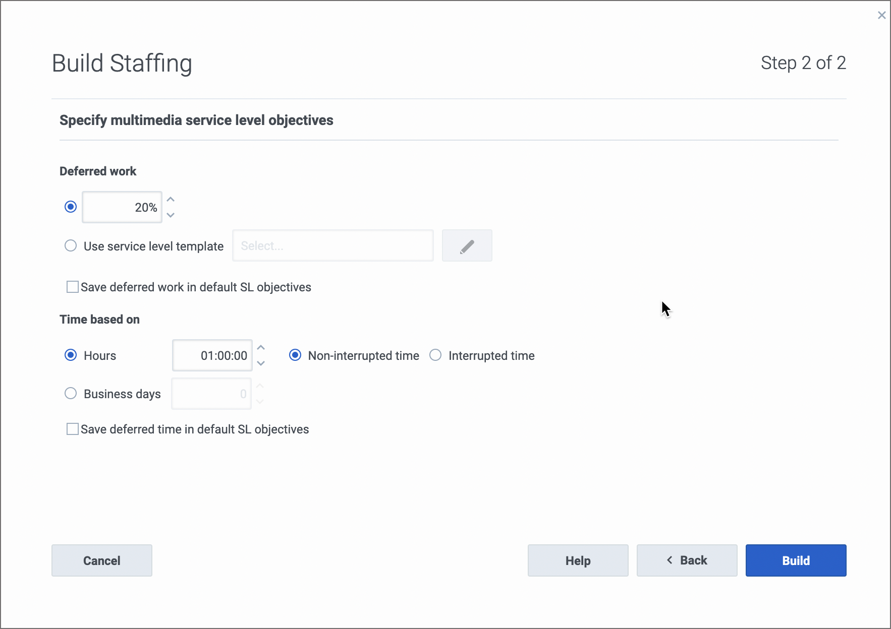Step 2 of the Build Staffing wizard for deferred activity types.
