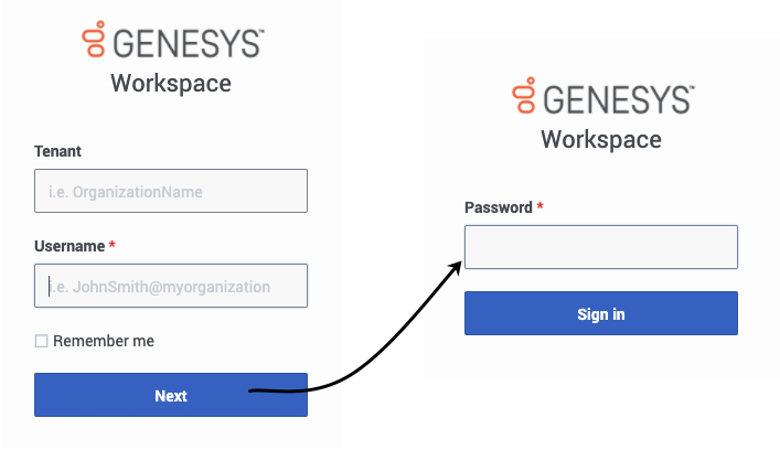 The login page. Enter your username and tenant (if required) then click Next to enter your password and sign in.