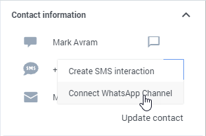 The Communications tab in the Connect group showing a WhatsApp interaction.