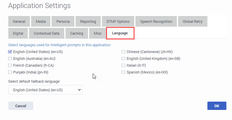 Language tab of the Application Settings