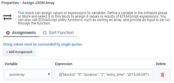 Assignments tab of the Assign Variables block