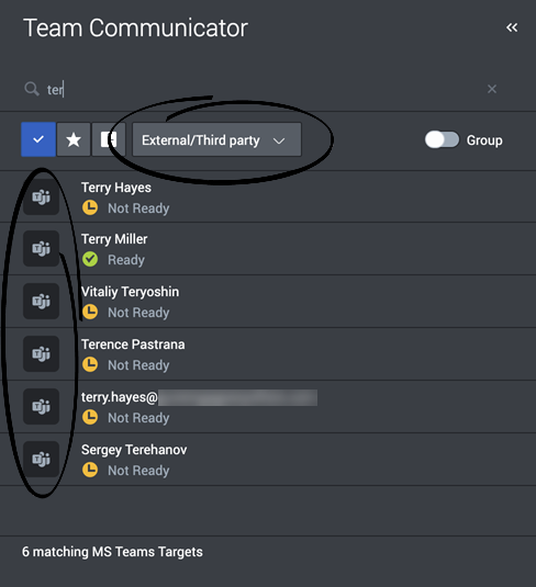 Team Communicator showing the External/Third Party filter results. Each potential target includes the Microsoft Teams icon.