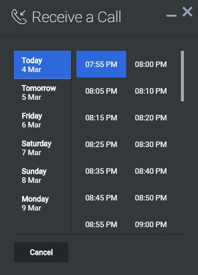 The Calendar UI displays a list of dates and times to choose from