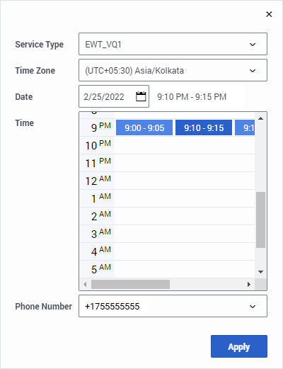 The New Callback Schedule window with a timeslot selected and all fields completed.