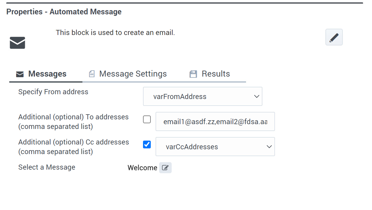 Setting up the Message tab of the Automated Message block.