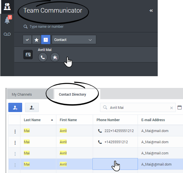 The Team Communicator and the Contact Directory tab are two tools to find a contact.