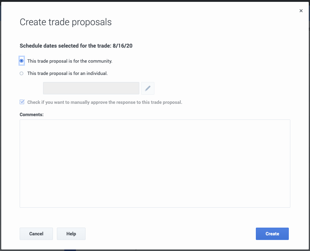 Create Trade Proposals screen showing a community trade proposal
