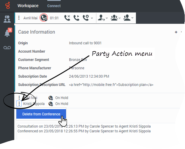 A voice interaction with an arrow pointing to the Party Actions menu in the call party status area.
