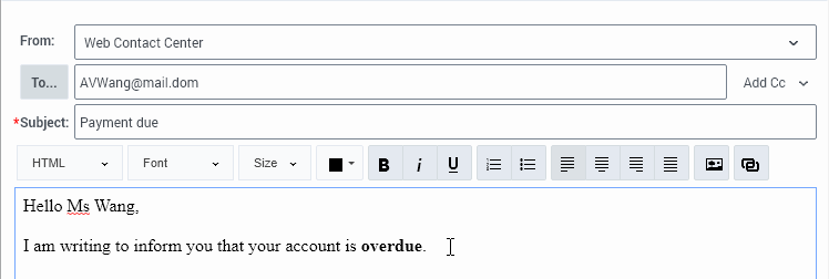 Email composition area in HTML mode showing toolbar.
