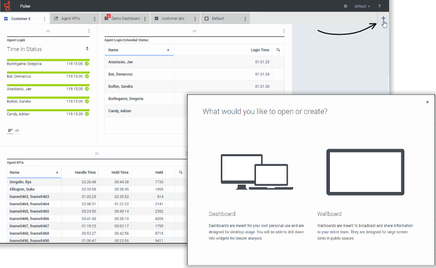 From the Pulse window, click the plus sign to open or create a dashboard or wallboard.