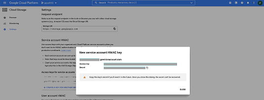 A screenshot of the GCP Cloud Console showing the Cloud Storage New Service Account HMAC screen