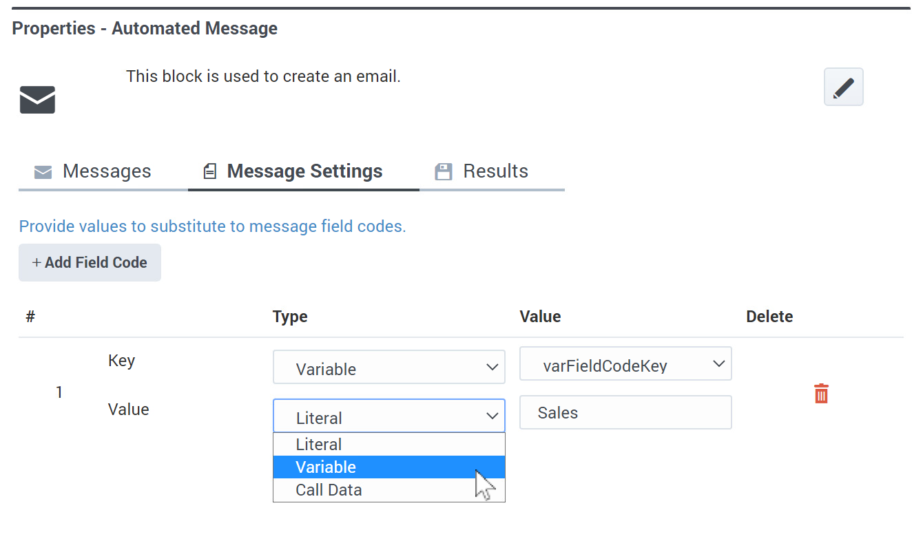 Setting up the Message Settings tab of the Automated Message block.