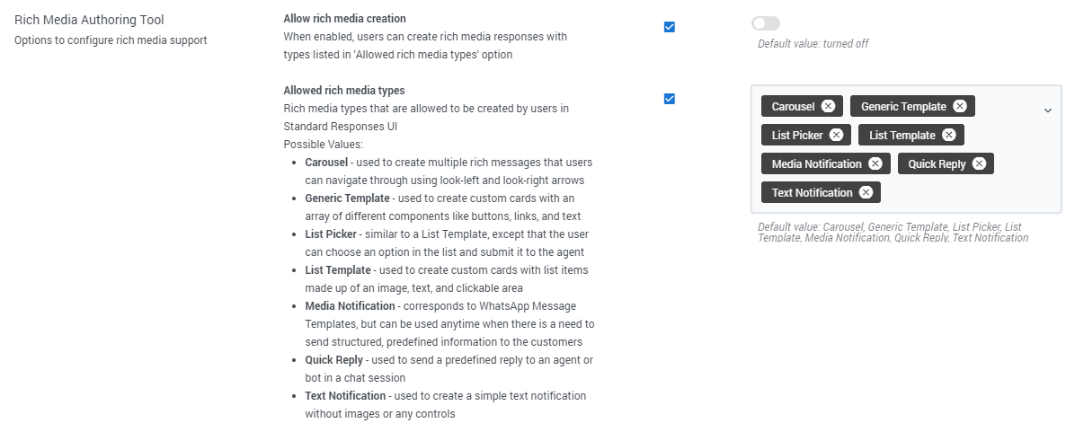 Tenant Settings for enabling rich media content in responses.