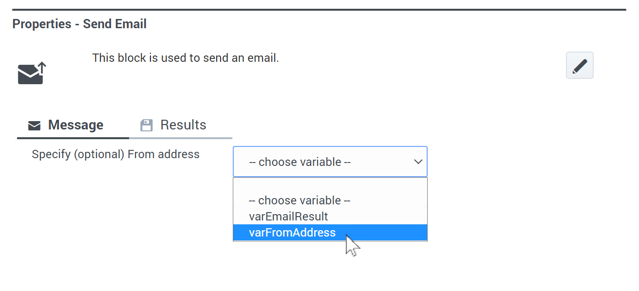 Selecting the From email address in the Message tab of the Send Email block.