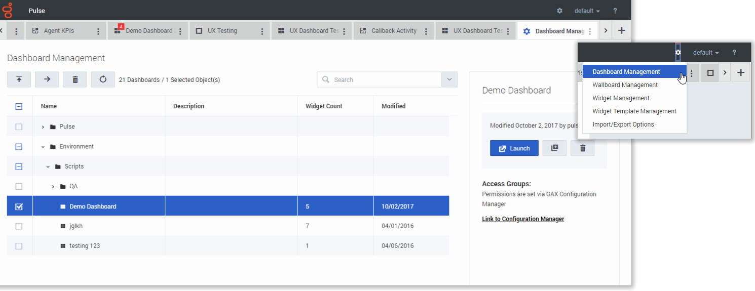 From the Pulse window, click the gear icon at the top and then Dashboard Management to open your Shared Dashboards.