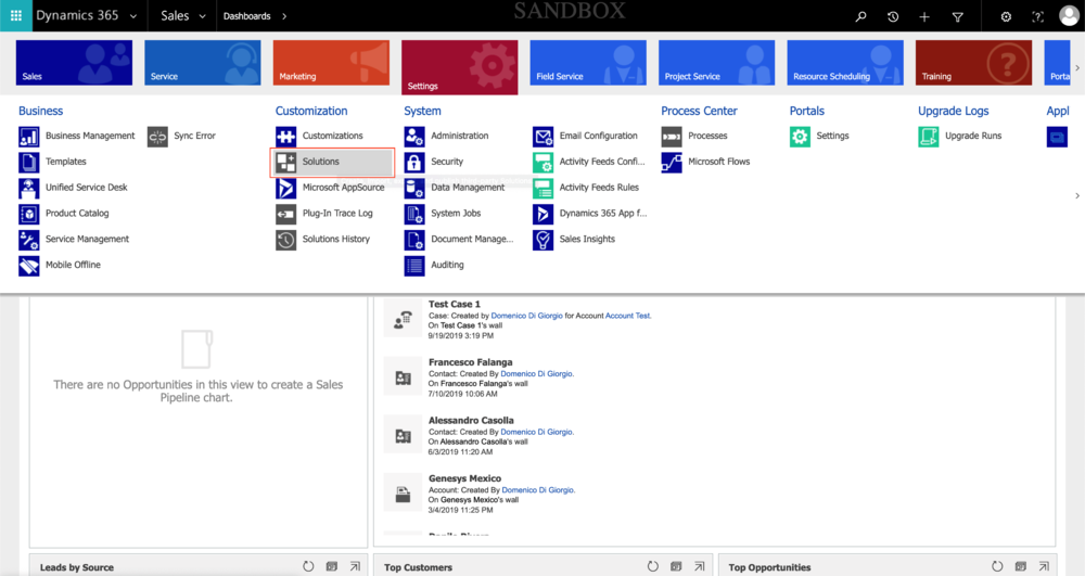 Selecting Solutions under Settings in the Customization menu