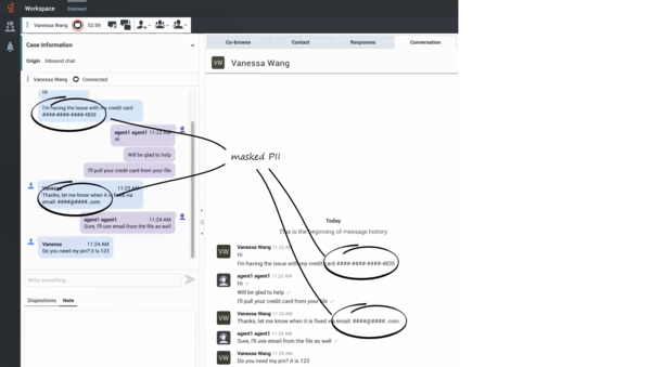 Chat interaction view showing Personally Identifiable Information hashed out.