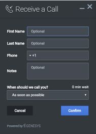 The Callback confirmation window where you can specify when we should call you.