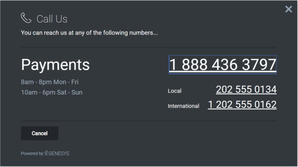 The CallUs Widget in dark theme listing customer service hours and phone numbers.