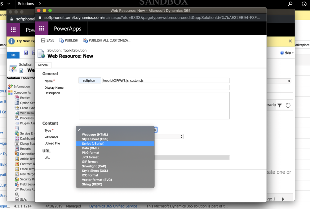 Filling out the required fields of the new web resource