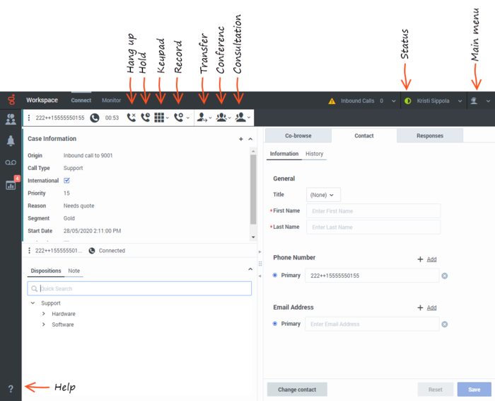 An annotated screenshot of the Workspace window displaying an active voice interaction.