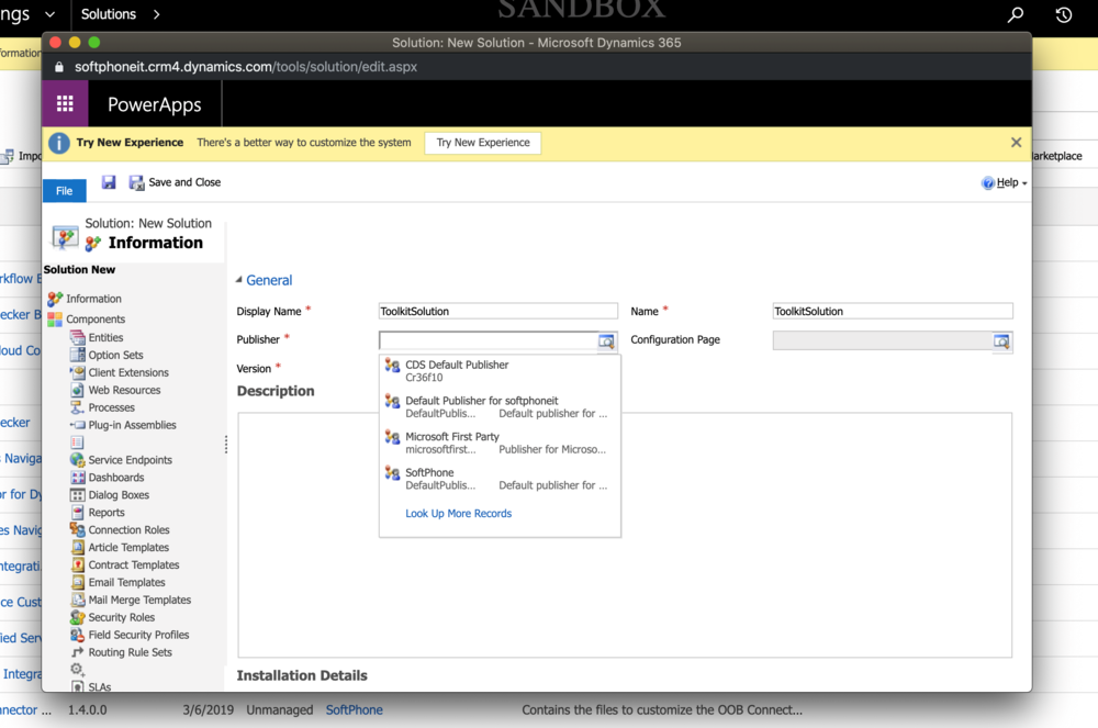 Filling out the required fields of the new solution