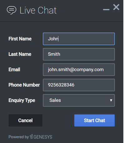 The WebChat window displaying top level information and user data