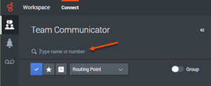 The Team Communicator with an arrow pointing to the location of the Type name or number search field.