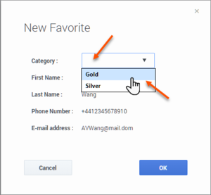 Select or enter a category for the favorite in the New Favorite dialog box.
