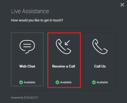 Click the, Receive a Call, button from the Live Assistance window.